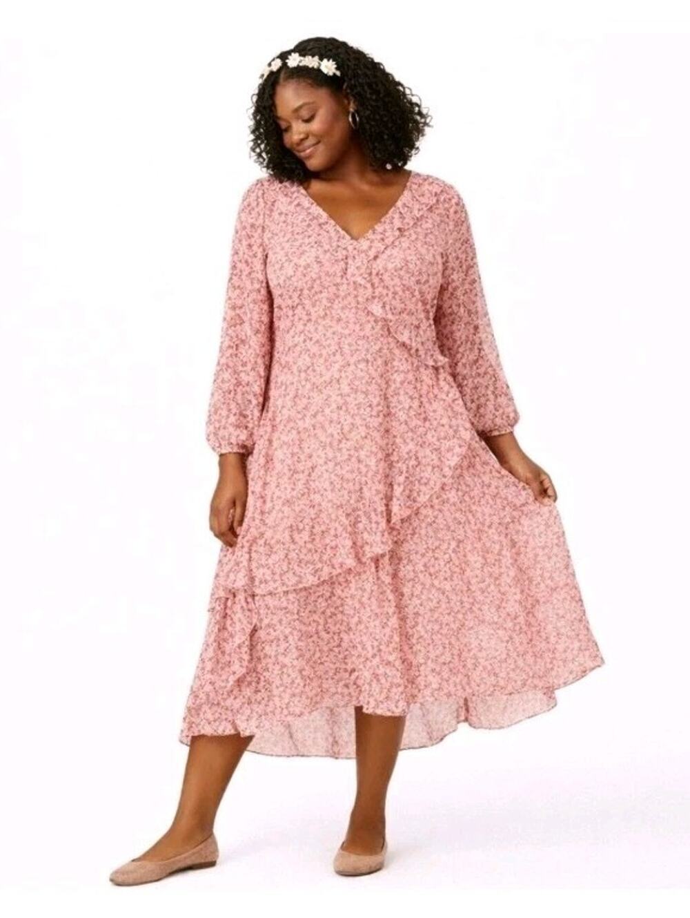 Maeve Anthropologie XXL Sirena Ruffled Tunic Midi Dress coral pink red floral